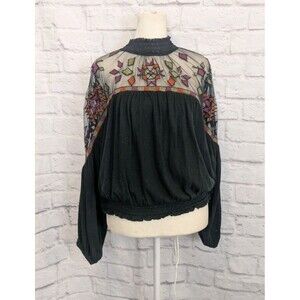 Free People Monday Morning Blouse Dark Green Embroidered Mesh Boho Top Size Sm